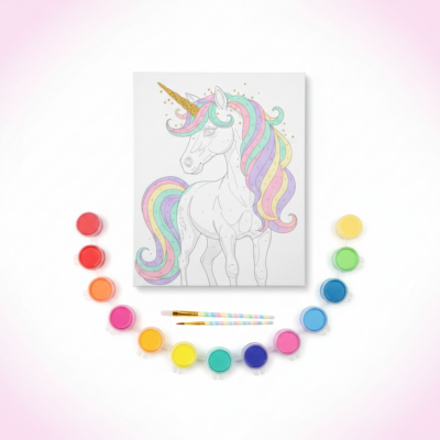 Unicorn paint by number kit for children with colorful canvas and paint pots